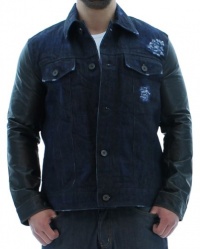 Marc Moto By Andrew Marc Men's Trucker Denim Jean Jacket Coat Leather Sleeves