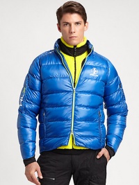 Constructed from durable, water-resistant nylon, this plush down jacket is a superior choice for cold-weather activities.Two-way zip frontSide zip pocketsZippered pocket at sleeveAbout 23 from shoulder to hemNylonFill: 80% nylon/20% other fetahersMachine washImported