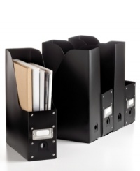 Catalog your interests. These heavy-duty magazine organizers make it easy to sort and organize your favorite reading material. A metal-framed ID card on the outside front of each is a quick way to know what waits inside. 1-year warranty.