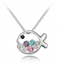 Fashionable Silver Tone Multi Color Swarovski Crystal Fish Animal Pendant Necklace