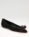 An elegant silhouette of rich Italian suede, punctuated by a mink fur pom-pom bow.Heel, ¼ (5mm) Pointed toe Leather lining and sole Padded insole Made in Italy Fur origin: China