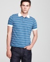 This is not a polo shirt. by Band of Outsiders pushes the envelope with this deft and ironic stripe design, featuring inside out details like exposed seams and a stitched pocket for a unique take on contemporary fashion.