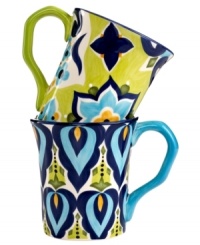 Set an everyday table that's always exciting with Bocca Geo mugs, featuring bold patterns and vivid colors in hard-wearing earthenware from Tabletops Unlimited.