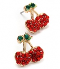 Small Gold Plated Red and Green Crystal Juicy Cherry Charm Stud Earrings