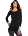 Michael Stars Women's Supima Long Sleeve Raw Edge Crew Neck Tee, Black, One Size