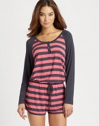 Spend your down time in silky-soft stretch jersey, enlivened with fresh-toned stripes.Banded scoop necklineButton placketLong solid raglan sleevesDrawstring waistInseam, about 1½Rayon/spandexMachine washImported