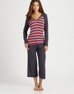 Spend your down time in silky-soft stretch jersey, enlivened with fresh-toned stripes.Banded V-necklineLong solid raglan sleevesElastic waist pantsInseam, about 25Rayon/spandexMachine washImported