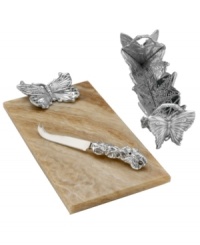 Invite fresh whimsy to the table on the wings of Butterfly serveware. Swarming with butterflies, the three-piece cheese set features a beautiful onyx cheese board, plus a cheese knife and cracker tray sculpted in gleaming metal. A delight for nature lovers!