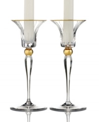 Handcrafted in premium Rogaska crystal, Elmsford candlesticks shine with the luxe sophistication of Trump Home. Delicate cuts and touches of gold add elegant flair to formal interiors.