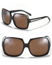 Elegant oversized sunglasses get an edgy touch with metal check textured accents along temples and arms.