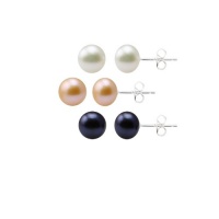 Set of 3 White, Peacock and Pink Freshwater Cultured Pearl Studs with Sterling Silver Post and Backs (8-8.5mm )