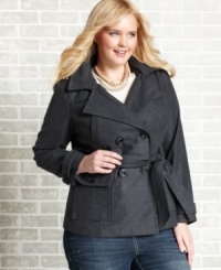 Featuring a hood and belted waist, Dollhouse's double-breasted plus size jacket is an essential for your fall/winter wardrobe!