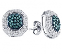 Blue Aqua Diamond Earrings Cluster Studs 10k White Gold (0.40 Carat)