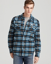 A rugged alternative to that same-old coat, this warm plaid shirt-jacket from True Religion offers masculine appeal and frontier styling on brisk days.