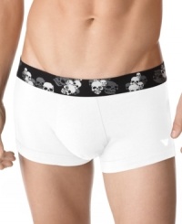 Take your style seriously from Top to bottom. These skull waistband trunks from Emporio Armani are for the fashion forward.