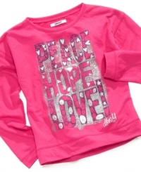 Peace, love and hope. Inspire her to see the good in everything with this sparkly graphic top by DKNY.