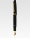 The legendary Meisterstück 149 piston fountain pen, is accented with a 18kt gold tip with rhodium-plated inlay, gold-plated clip and rings and finished with barrel and cap made of precious black resin.FountainGold-plated clipResin with inlaid logo emblemAbout 5¼ longMade in Germany