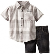 Kenneth Cole Baby-boys Infant Plaid Shirt with Denim Shorts, Gray, 24 Months