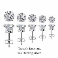 S02- Sterling Silver Tarnish Resistant 5 Pair CZ Stud Earrings Set. Sparkling 3mm 4mm 5mm 6mm & 7mm Clear Round Cubic Zirconia 925 Sterling Silver Stud Earring, Nickle Free. Includes Free Gift Box