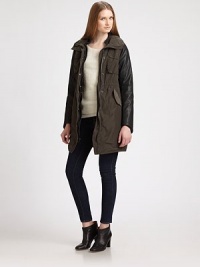 Utility-chic gets a contemporary update in this cinchable parka style finished with rich leather sleeves.Zip-out hood in collarSnap-button placket over zipper frontChest pocketsDrawstring waistFlap pocketsAbout 34 from shoulder to hemBody: polyesterTrim: leatherDry clean by a leather specialistImportedModel shown is 5'10 (177cm) wearing US size 2.