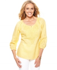 Charter Club perfects the springtime tunic, outfitting this top with a bright, cheerful color and a luxe linen fabrication that's adorned with a flourish of embroidery and beading at the chest.