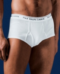 Super-soft combed ring-spun cotton is an improvement on the classic white ribbed brief. With signature logo waistband, mid rise.