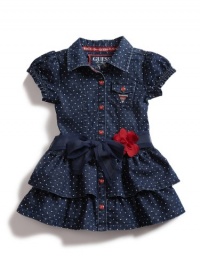 GUESS Pin Dot Shirtwaist Dress with Flower Sas, DARK STONEWASH (18M)