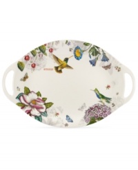 A fresh take on Portmeirion's beloved Botanic Garden pattern, the Botanic Hummingbird platter combines colorful wildlife and muted blooms on modern porcelain with integrated handles.