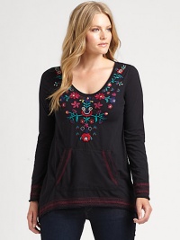 Bohemian-inspired embroidery adds a stylish touch to this cotton pull-on top.ScoopneckLong sleevesKangaroo pocketAbout 27 from shoulder to hemCottonMachine washImported