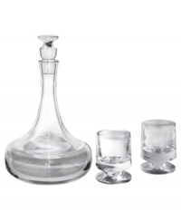 Nambe's new Groove. This brilliant, solid crystal decanter refracts light and stays put on a heavy base built for stability while a grooved stopper echoes the shape of coordinating double old-fashioned glasses. Bold, masculine and perfectly at home in modern decor.