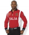 Show your support of Italy in a soft cotton rugby shirt featuring multiple Italia-themed logos and patches.