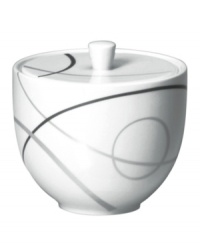 With a free-flowing circle design in shades of gray from Mikasa dinnerware, dishes like this bright white sugar bowl add fun, contemporary appeal to any table. In ultra-durable porcelain.