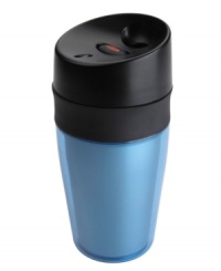 Make it personal! The perfect fit for most single-serve coffee makers, this travel mug, with double-walled thermal construction and triple silicone seal, lets you take your favorite brew on the go. One hand and one click activates an innovative vacuum seal that keeps contents at the perfect temp for hours on end. Lifetime warranty.