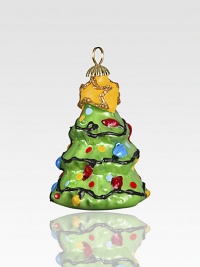 Hang this lovely tree upon your tree and enjoy its mouth-blown, hand-painted elegance, completed by a glittering gold star on top.Glass1.75H X 1.25 diam.Imported