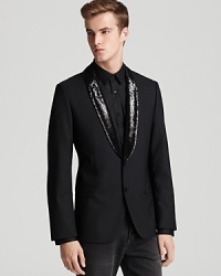 A shimmering sequined lapel offers standout appeal on this striking blazer from HUGO, an adventurous look that maintains your fashion cred, perfect for taking in the opera or when you host another riotous cocktail party.