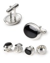 Featuring a stacked design of tiered silver-tone oval rings topped by a circle of polished black enamel, these cufflinks finish your French cuffs with simple distinction. Two smaller pairs are joined by a larger pair for a useful set you'll rely on week after week.