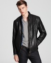 With a moto-inspired silhouette, HUGO BOSS' Jips jacket lends a rugged look in leather.