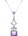 Badgley Mischka Fine Jewelry Cushion Cut Amethyst, White and Champagne Colored Diamonds Drop Pendant Necklace, 18