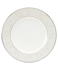 This versatile and stylish salad plate will coordinate perfectly with a variety of table linens and flatware. An ornate scroll motif trimmed in platinum adds a sophisticated sensibility to your tabletop.