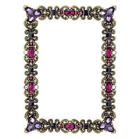 Give favorite photos the artful presentation they deserve. This cast-pewter frame from Olivia Riegel is embellished with sparkling hand-set amethyst-colored glass gems, Swarovski® crystals, faux pearls, and hand-done enamel details.