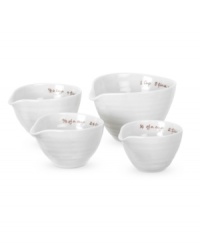 Add charm to your cooking routine with Sophie Conran measuring cups. A ribbed texture gives this Portmeirion set the look of hand-thrown pottery in porcelain designed for dishwasher use. With spout for easy pouring.