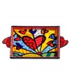 A lot to love, the Heart serving tray is shaped by the vivid colors and bold patterns of Brazilian pop artist Romero Britto. With sculpted handles.