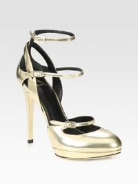 Glistening metallic leather design with skinny, adjustable straps. Self-covered heel, 4½ (115mm)Covered platform, ½ (15mm)Compares to a 4 heel (100mm)Metallic leather upperLeather lining and solePadded insoleImportedOUR FIT MODEL RECOMMENDS ordering true size. 