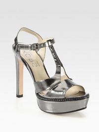 The perfect go-to strappy sandal in lustrous metallic leather. Self-covered heel, 4¾ (120mm)Covered platform, 1¼ (30mm)Compares to a 3½ heel (90mm)Metallic leather upperAdjustable ankle strapLeather lining and solePadded insoleImported