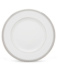 Inspired by the trim on an elegant couture gown, the graceful Lace Couture dinner plates from Lenox's dinnerware and dishes collection feature an intricate platinum border that combines harmoniously with white bone china for unparalleled style.