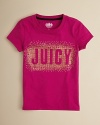 A cluster of rhinestones outline the name she loves, Juicy Couture, rendered front-and-center on this cute short sleeve tee.