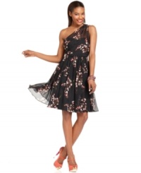 A pretty floral print lightens up this all-black, one-shoulder MM Couture chiffon dress for a look that's party perfect! (Clearance)