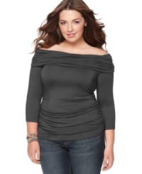 Show off your shoulders with ING's three-quarter sleeve plus size top, highlighted by ruching.