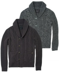 Keep it simple or dress it up! Always stylish is this cozy and fitted shawl button down cardigan by Guess Jeans.