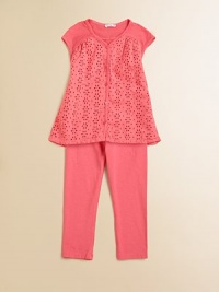 Sweet eyelets adorn a plush cotton tunic with matching leggings for a vibrant, classic ensemble.V-neckShort cap sleevesButton frontFront yokeFlared shapeElastic waistbandCottonMachine washImported